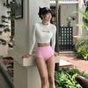Traje de baño de surf para mujer, estilo coreano, ajustado, adelgazante, de manga larga, de secado rápido, sencillo, conservador, de cintura alta, con abertura que cubre el vientre.