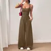 Nova macacão feminino de cor sólida transpassado no busto, casual de verão, perna larga, solto, roupas femininas, transfronteiriço europeu e americano da Amazon