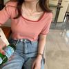 Verano Nuevo talla grande Gordita MM2025 Clavícula Ligeramente Gordita Cuello Cuadrado Manga Corta Camiseta Mujer Primavera y Otoño Interior Adelgazante Top