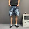 Shorts Jeans Estilosos Americanos High Street com Estampa Retrô, Moda Casual Solta, Calças de Cinco Pontos Elegantes e Únicas