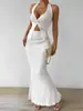 Conjunto Elegante de Duas Peças Europeu e Americano Transfronteiriço Feminino de Verão Cor Sólida com Frente Torcida, Top Cropped de Gola Alta e Saia Midi Cauda de Peixe