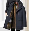 Jaqueta de Algodão Masculina de Inverno com Capuz Espessa e Pelúcia Interna, Comprimento Médio, Roupa Externa Quente, Parka Estilo Pai de Meia-idade