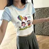 Camiseta de Manga Corta con Estampado de Dibujos Animados Estilo Retro Americano para Mujer, Verano Estilo Coreano Estilo Bm Manga Raglán de Color Contrastante Top Ajustado