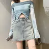 Falda Corta de Mezclilla para Mujer, Estilo Nuevo Delgado de Moda para Verano, Línea A Petite, Cintura Alta de Tres Botones, Falda Corta Media de Color Claro