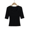Pura Luxúria Sexy Sexy Gola U Exposta Clavícula Manga Média Camiseta Feminina Verão Novo Cor Pura Justa Camisa Base Top