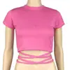 Venta caliente de verano Ins europeo y americano nuevo sexy camiseta ombliguera para mujer con tiras de encaje, top ajustado adelgazante con cordón, manga corta