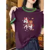 Camiseta Estilosa e Jovem Estilo Coreano de Manga Curta para Mulheres, Novo Design de Verão 2026 com Color-Blocking Gola Redonda Camiseta Básica