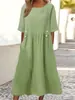 Vestido de verano 2023 de manga corta de algodón y lino nuevo de comercio exterior popular cuello redondo suelto talla grande falda Q241