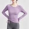 Top de yoga para mujer con cuello redondo, cordón y mangas largas. Alta elasticidad, transpirable y adelgazante, perfecto para correr, fitness y como capa base para entrenamientos.