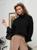 Camiseta básica preta de manga longa, ombro normal, plus size, para mulheres, gola alta, modelagem solta, comprimento médio, novo modelo 1877 #