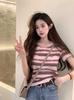 Camiseta Feminina de Verão com Listras Degradê no Ombro, Manga Curta, Novo Design, Nicho, Meia-manga Curta, Top Casual