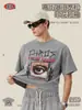 Camiseta Masculina Moda Retrô Americana Marca de Roupas Estilo Boxy Lavagem Pesada Estampa Olho de Floco de Neve Manga Curta para Homens.