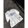 Camiseta de Malha com Estampa de Letras Estilo Americano, Decote V, Manga Curta para Mulheres, Verão, Vazada, Manga Curta, Malha, Top Solto para Cobrir, para Homens e Mulheres