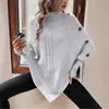 Suéter capa de tricô trançado com gola alta e mangas morcego, suéter com barra irregular, blusa de tricô tipo xale solta plus size
