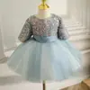 Vestido de un año para bebé niña azul con lentejuelas para cumpleaños de niña actuación de piano anfitriona niños vestido de princesa hilo esponjoso