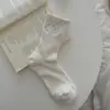 Meias Finas de Primavera e Verão para Mulheres, Meias Largas Patchwork de Bolinhas Florais, Meias Brancas Simples Estilo Coreano, Meias 100% Algodão para Mulheres