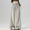 Jeans de estilo retro americano de alta calle, lavados, desgastados, con salpicaduras de pintura para mujer, pantalones de pierna ancha de cintura alta para primavera y otoño, adelgazantes y de longitud hasta el suelo