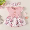 Ropa de bebé vestido de una pieza, mameluco de triángulo con lazo de encaje floral para bebé, mameluco de algodón de manga corta de 120g