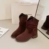Botas Arredondadas Estilo Retrô Coreano 2025 Outono Novo Melard Salto Alto Botas de Montaria Western Cowboy Botas de Cano Médio