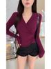 Principios de Otoño Nuevo Elegante Chic Cuello en V Manga Larga Camiseta Spice Girls Sexy Estilo Deseo Puro Ajustado Adelgazante Top Nicho Ins