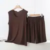 Conjunto de dos piezas para mujer de modal con cuello en V, top sin mangas y shorts, fino de verano, talla grande, nuevo, holgado, conjunto para casa