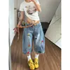 Pantalones cortos de mezclilla estilo Chao Li Youhuo con bordado de toalla para mujer, pantalones rectos holgados de pierna ancha para verano, pantalones de pierna curva