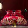 Algodão de fibra longa casamento quatro peças grande vermelho algodão casamento algodão alta qualidade dragão chinês e fênix bordado roupa de cama