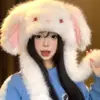 Gorro de peluche de conejo de invierno con orejas móviles, lindo y grueso para abrigar, protección contra el frío y protección para los oídos, haciendo que la cara parezca más pequeña, un gorro Lei Feng