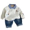 Atuendo Elegante para Bebé Niño Primavera y Otoño 2025: Moda Cuello Cuadros Manga Larga Estampado de Perros Falso Dos Piezas Ropa Infantil