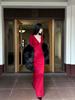 2026 Spring New Style Socialite Style High-Waisted V-Neck Cut-Out Long-Sleeved Knitted Long Dress Solid Color Tight-Fitting A-Line Dress