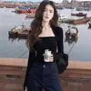 Top de manga larga para mujer, color café melanoid, cuello cuadrado, capa base, para primavera y otoño, ajuste ceñido, ropa interior adelgazante, camiseta corta ajustada, chica picante