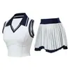 Conjunto de Tênis Sutiã Esportivo Feminino Colete sem Mangas Fitness Saia Dupla Camada Anti-exposição Saia Plissada de Golfe