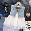 Ropa para niños al por mayor traje de niña verano 25 nuevo para niños Top de mezclilla sin mangas con falda de pastel de malla conjunto de dos piezas