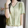 Cardigan de tricô de seda gelada com decote V e renda, novo estilo de verão, design fino, versátil, modelador, top vazado para mulheres
