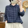 Camisa de Manga Larga de Gasa de Algodón de Doble Capa con Cuello de Solapa a Cuadros Artísticos para Mujer, Estilo Nuevo de Primavera 2026 Camisa Casual a Cuadros de Corte Ajustado