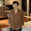 Camisa azul Klein de estilo abstinencia con cuello cubano para hombre, casual vintage de corte holgado, fluida, de manga larga, camisa texturizada de canalé