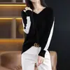 Suéter de Lã Color Block com Decote V Feminino, Estilo Novo da Primavera de 2026, Solto, Casual, Moda Tricô