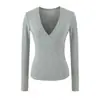 Camiseta Básica Feminina de Manga Longa com Decote em V Cruzado Lisa Versátil Estilo Puro Desejo Outono Slim Fit Ombro Normal Camada Base