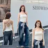 Nuevo Estilo Primavera y Verano Algodón Puro Estilo Chica Caliente Top sin Espalda con Corte Cruzado y Ribete de Encaje con Almohadillas en el Pecho y Camisola