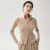 26 Cardigã de Cashmere com Zíper Duplo Listrado Novo Estilo Suéter Feminino Gola Alta Outono e Inverno Nova Jaqueta de Cashmere Slim Fit