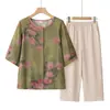 Traje de verano de algodón y seda para mujeres de mediana edad y mayores, camisa holgada de cuello redondo de talla grande para personas mayores, top de verano elegante para madres