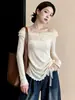 Blusa de manga comprida ombro a ombro com renda, estilo puro desejo, plus size, para mulheres, outono, plissada, afina a silhueta, ombro a ombro
