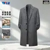 Casaco de Lã Masculino, Estilo Primavera e Outono, Estilo Coreano, Padrão Xadrez Pied-de-poule, Gola de Terno Longa, Trench Coat de Lã Casual Dupla Face