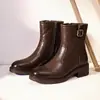 Botines de Tobillo de Cuero Redondos Retro con Hebilla para Mujer 2026 Otoño Invierno Tacón Grueso Suela Gruesa Cremallera Lateral Botas Martin Desgastadas Botines Cortos