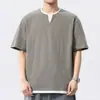 Camiseta Masculina de Algodão com Textura de Bambu, Manga Curta, Verão Novo, Falsa Peça Dupla, Gola Dupla Solta, Top de Meia Manga Masculino