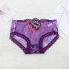Calcinha feminina sexy transparente de algodão bordada com renda de rosas de cintura média