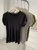 Camiseta Feminina Manga Curta Gola Redonda Slim Fit Cor Sólida em Seda Tencel, Novo Estilo de Verão com Costura nas Costas
