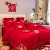 Conjunto de quatro peças de algodão lavável amigável à pele com estampa de Dragão e Fênix para casamento, lençol de baixo vermelho estilo chinês, lençol com elástico, colcha, roupa de cama de casamento para o quarto da noiva