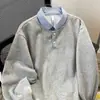 Conjunto de Duas Peças Outono: Camisa Polo com Moletom Peluciado para Homens, Camada Interna Listrada Patchwork Única, Top Americano Espesso de Manga Longa