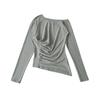 A1001-25 Verano Nuevo Estilo Manga Dobladillo Oblicuo Ajustada Casual Camiseta Estilo Europeo y Americano Sexy Sexy Hombro Oblicuo Expuesto Larga